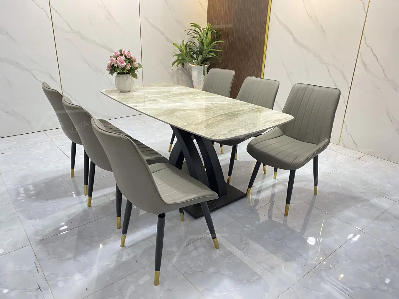 Bộ Bàn Mặt Đá Ceramic Chân X - 6 Ghế Nhập Khẩu KY-GH14