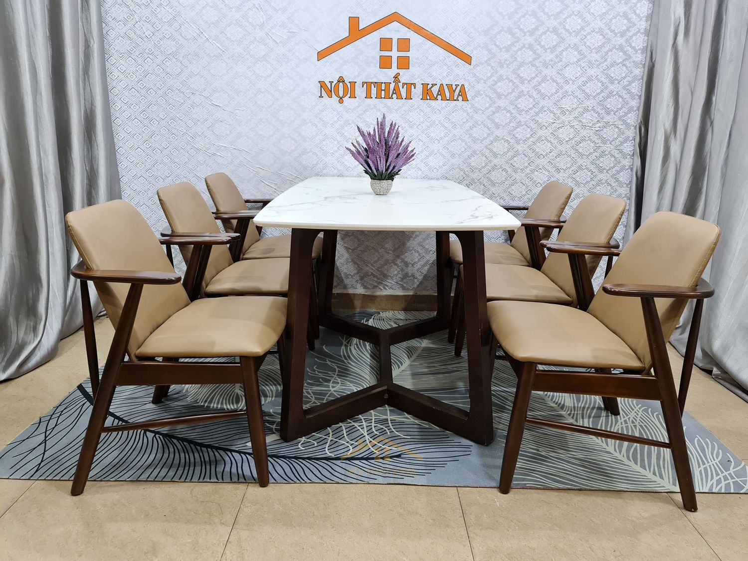 Bộ bàn mặt đá 6 ghế Baby chân M màu nâu