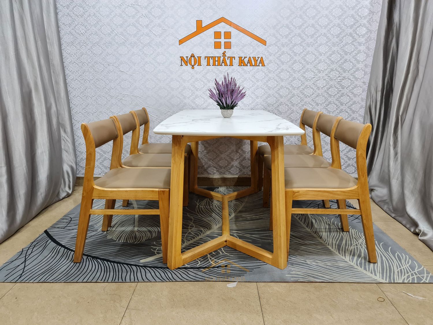 Bộ bàn mặt đá 6 ghế Baby chân M màu nâu