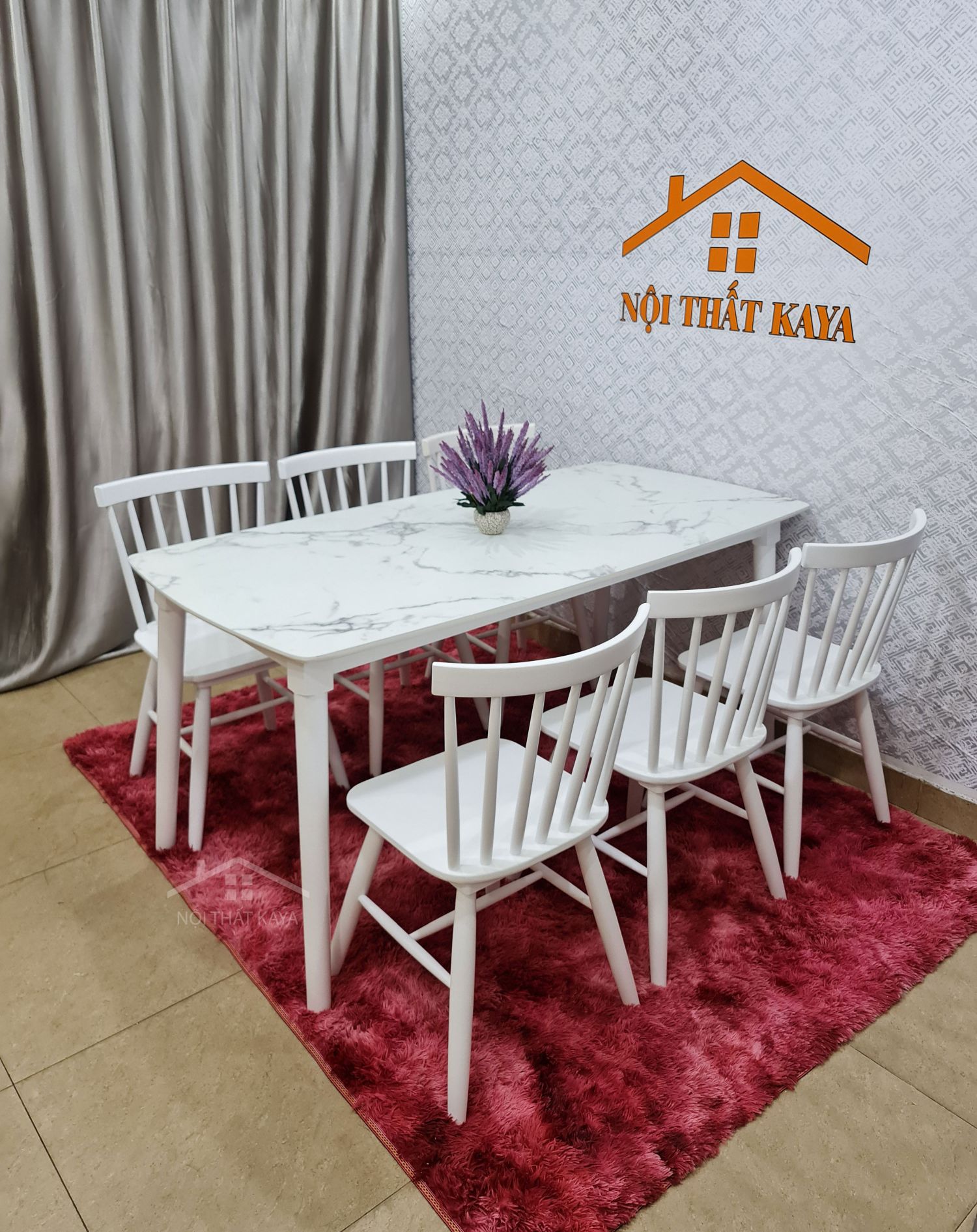 Bộ bàn ăn giả đá 6 ghế Sunny màu trắng