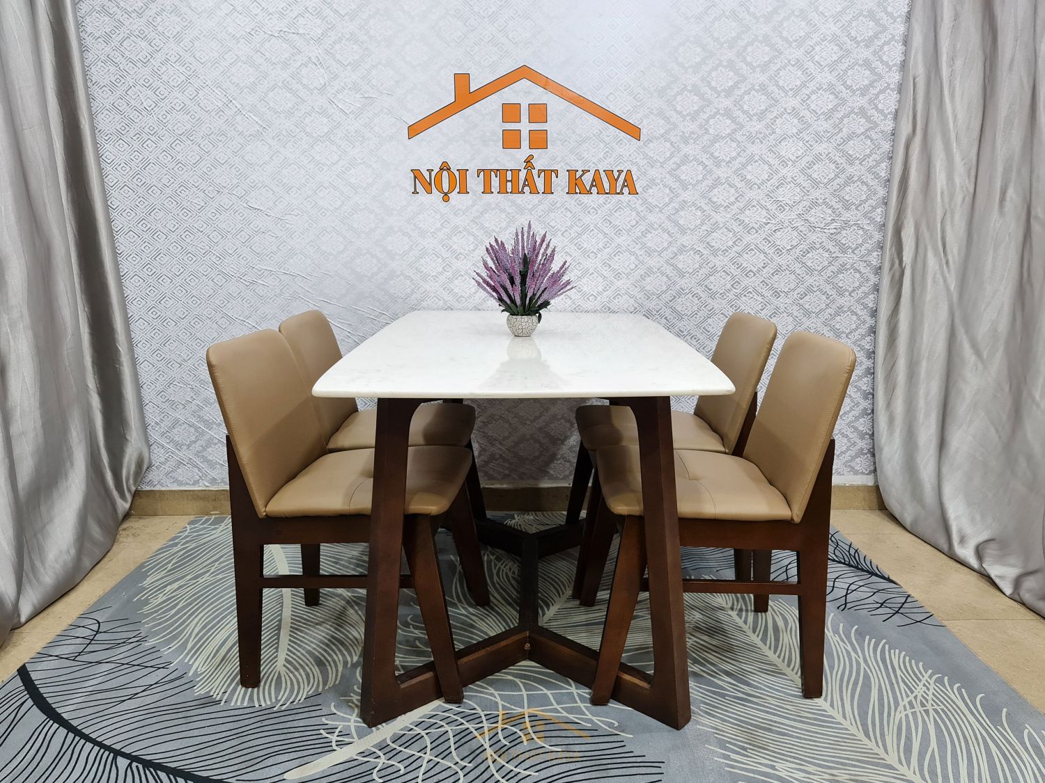 Bộ bàn ăn mặt đá 4 ghế Hana chân M màu nâu