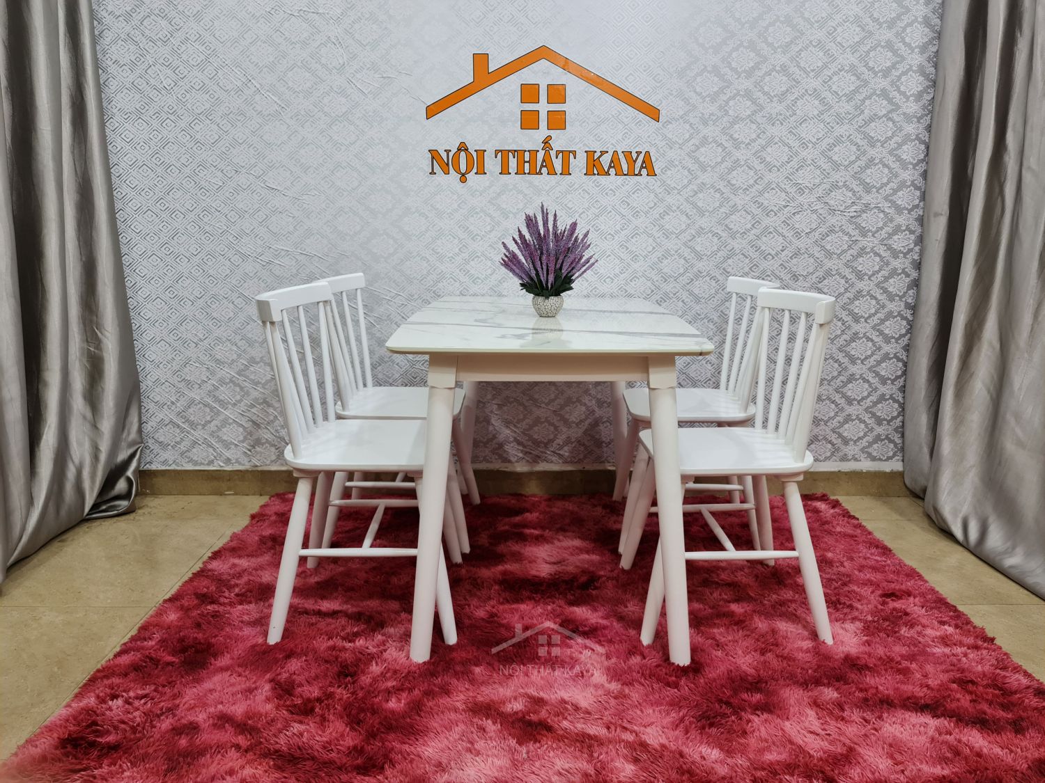 Bộ bàn ăn mặt đá 4 ghế Sunny màu trắng