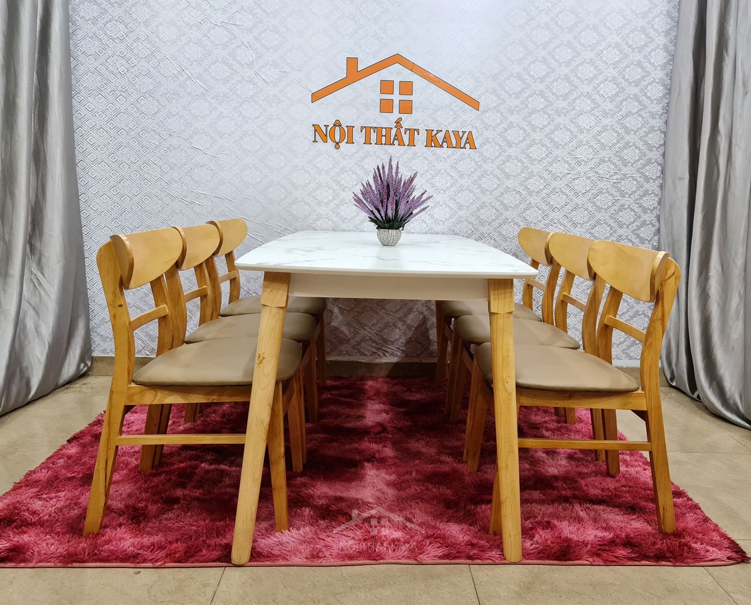 Bộ bàn ăn mặt đá 6 ghế Lunar màu gỗ tự nhiên