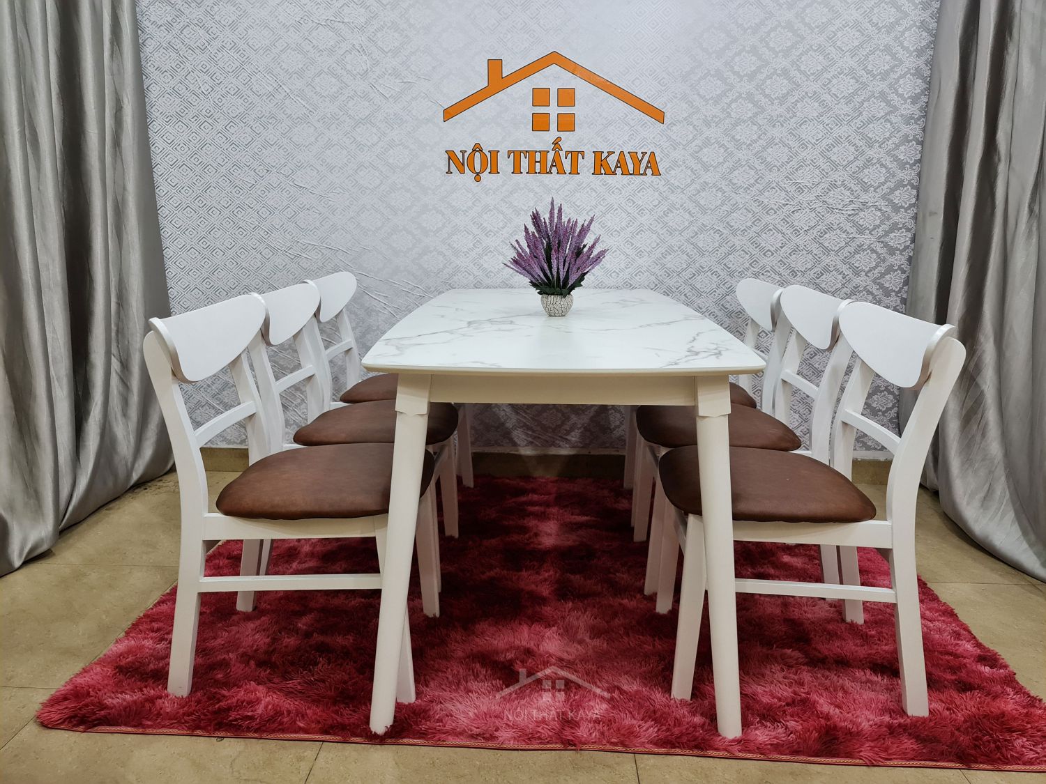 Bộ bàn ăn mặt đá 6 ghế Lunar màu trắng