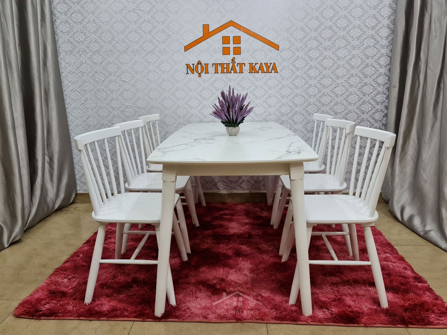 Bộ bàn ăn mặt đá 6 ghế Sunny màu trắng