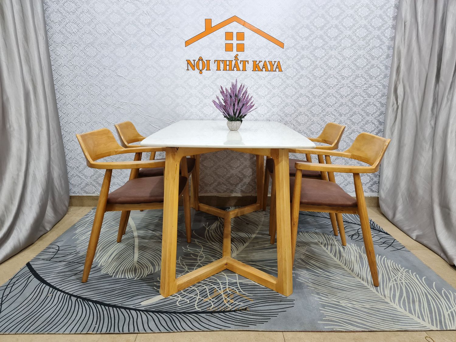 Bộ bàn ăn mặt đá chân M 4 ghế Hirosima màu tự nhiên