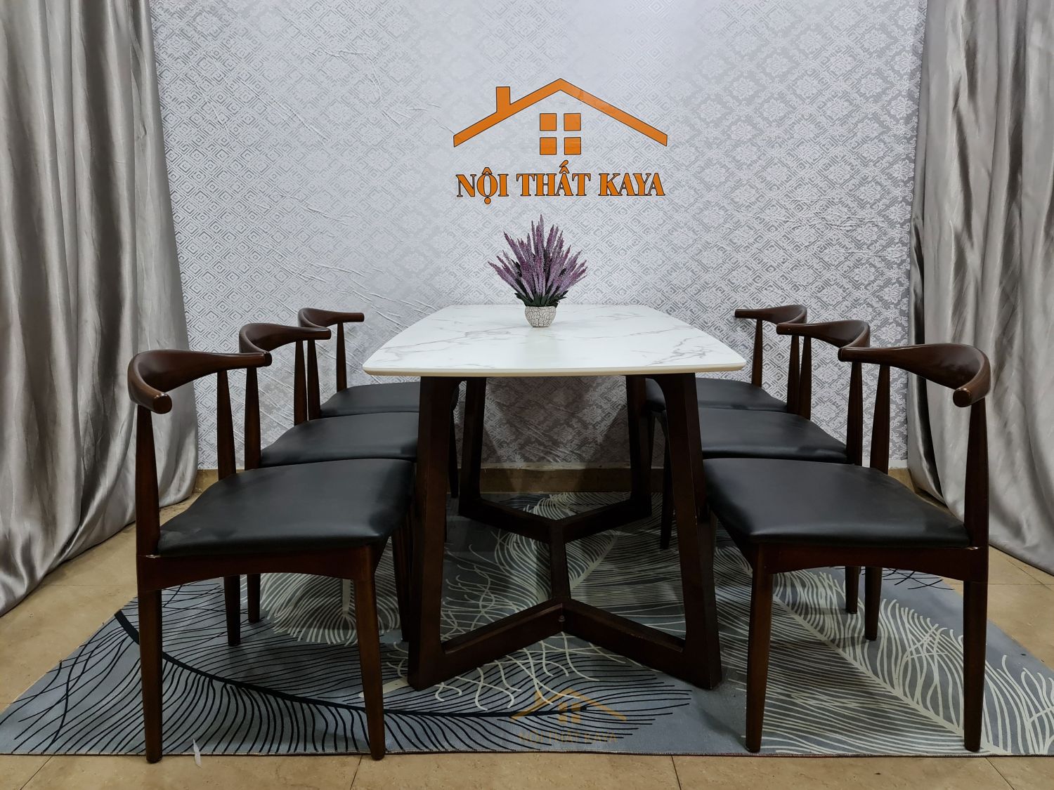 Bộ bàn ăn mặt đá chân M 6 ghế Bull-đầu bò (nâu)