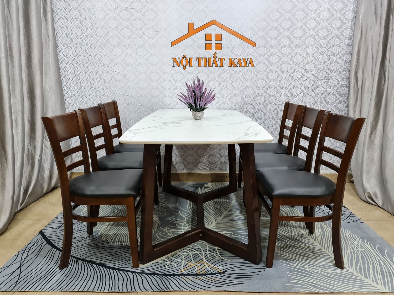 Bộ bàn ăn mặt đá chân M 6 ghế Mostar màu nâu