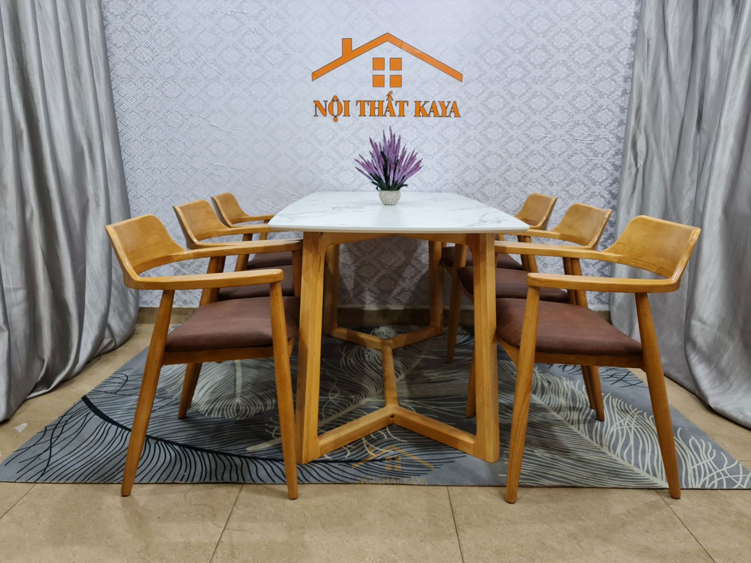 Bộ bàn ăn mặt đá chân M 6 ghế Hirosima màu gỗ tự nhiên