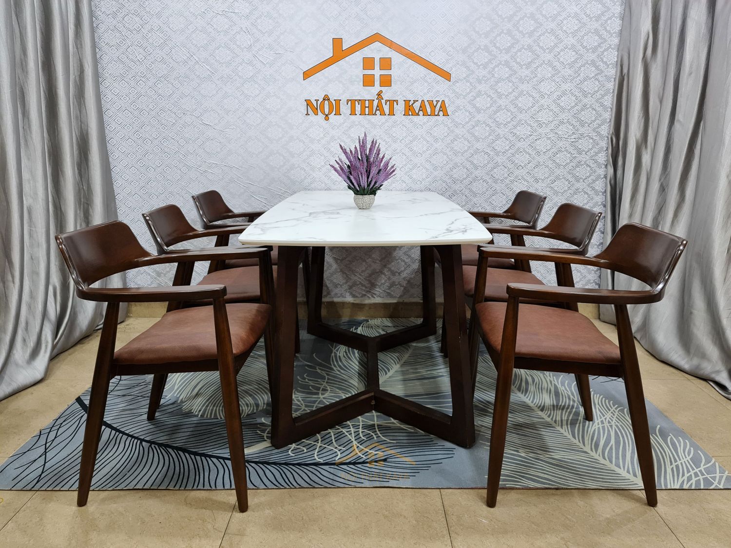 Bộ bàn ăn mặt đá chân M 6 ghế Hirosima màu nâu