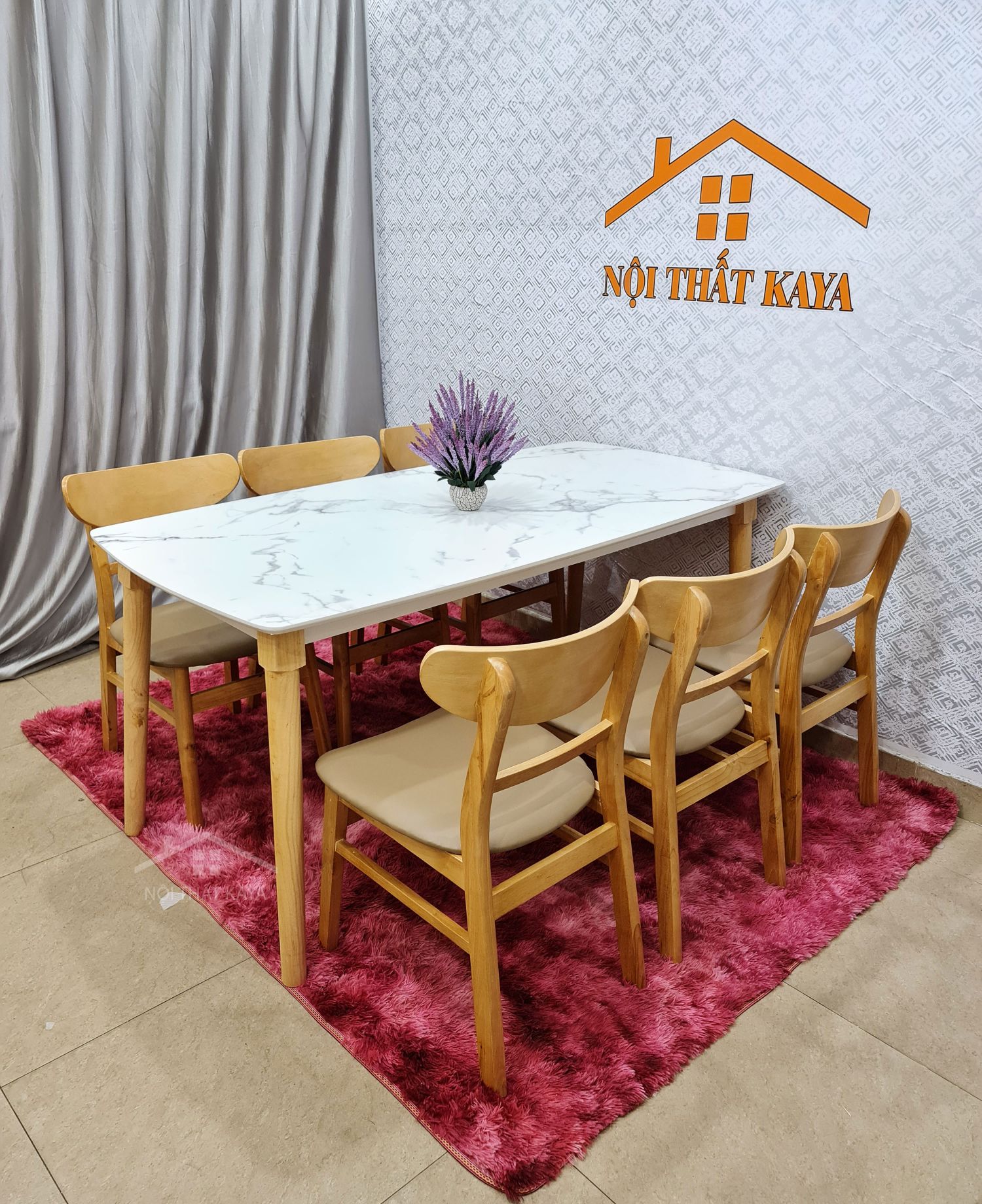 Bộ bàn giả đá 6 ghế Lunar màu gỗ tự nhiên