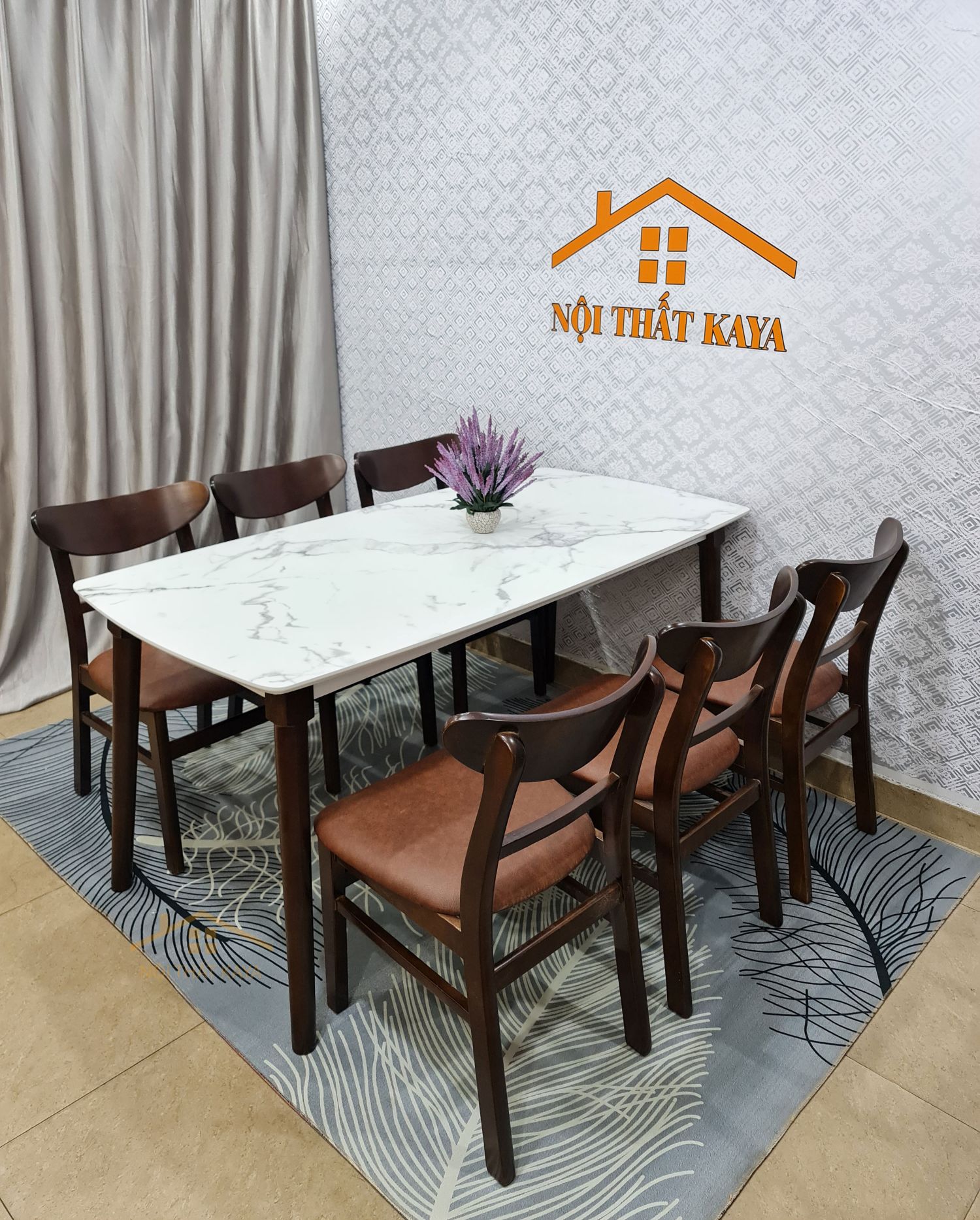Bộ bàn giả đá 6 ghế Lunar màu nâu
