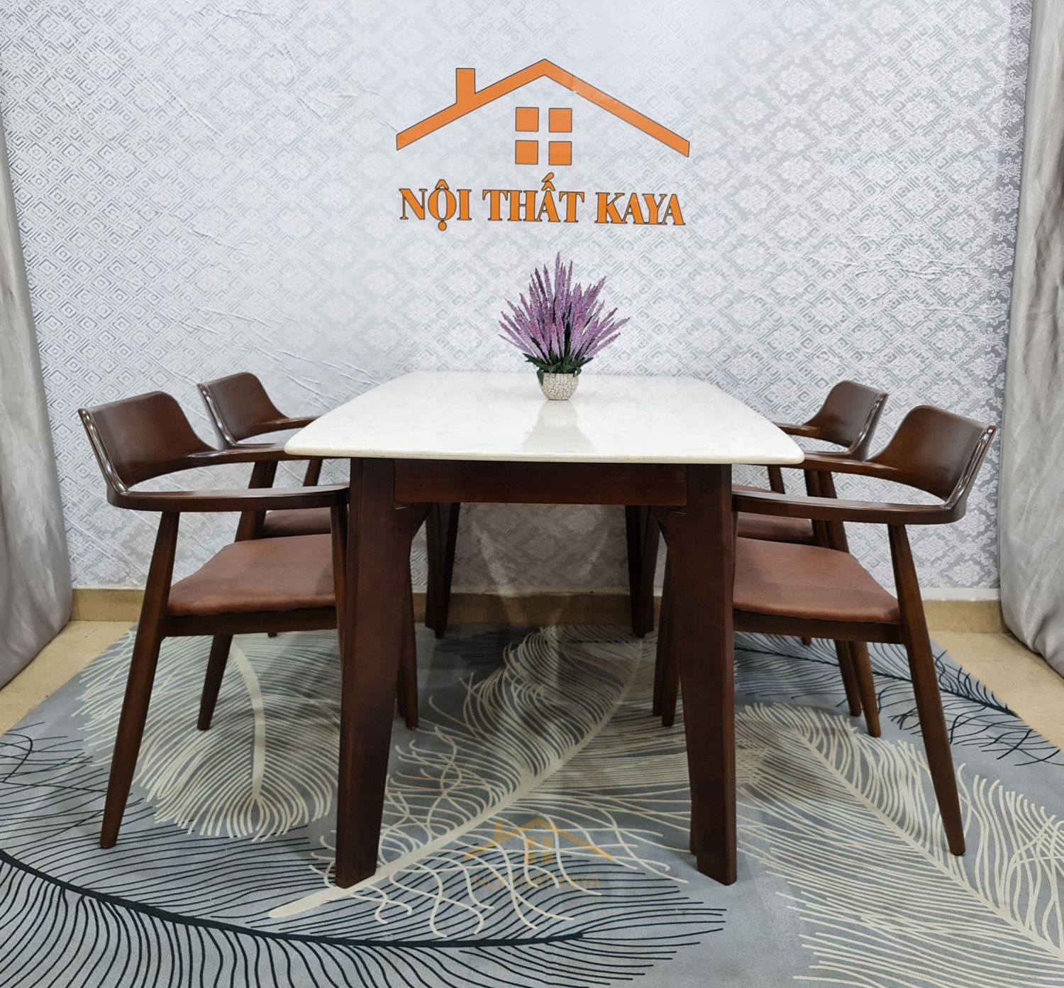 Bộ bàn mặt đá chân chữ A 4 ghế Hirosima màu nâu