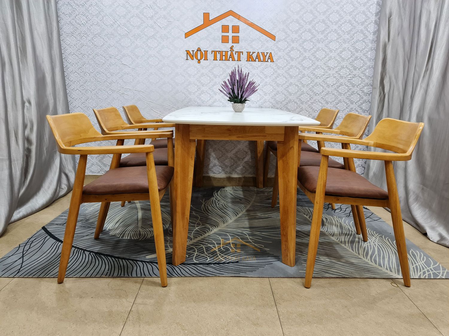 Bộ bàn mặt đá chân chữ A 6 ghế Hirosima màu tự nhiên