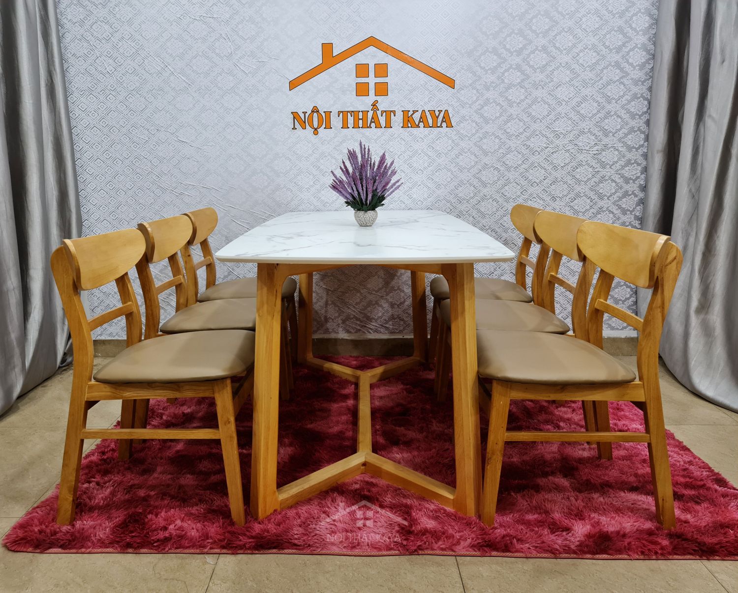 Bộ bàn mặt đá chân M 6 ghế Lunar màu gỗ tự nhiên