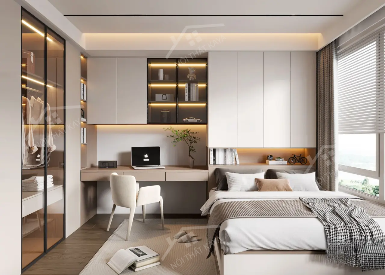 Bộ nội thất phòng ngủ HDF PN007 (Giường - Bàn làm việc - Tủ đầu giường - Bàn trang điểm)