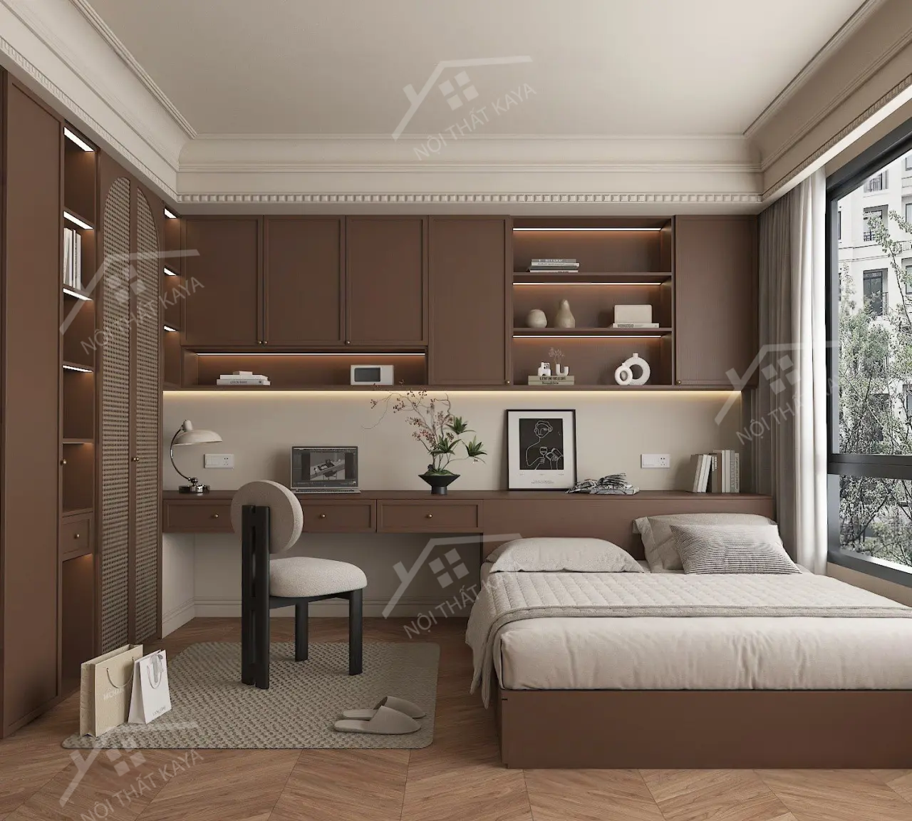 Bộ nội thất phòng ngủ HDF PN007 (Giường - Bàn làm việc - Tủ đầu giường - Bàn trang điểm)