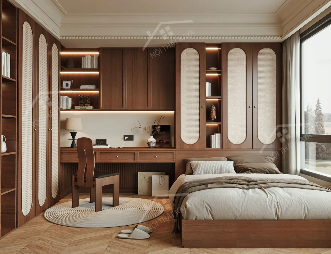Bộ nội thất phòng ngủ HDF PN007 (Giường - Bàn làm việc - Tủ đầu giường - Bàn trang điểm)