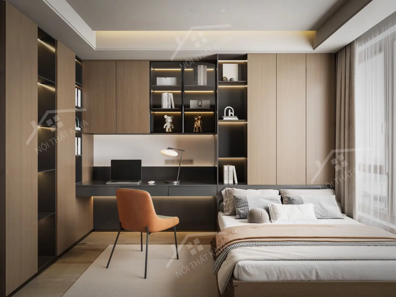 Bộ nội thất phòng ngủ HDF PN007 (Giường - Bàn làm việc - Tủ đầu giường - Bàn trang điểm)
