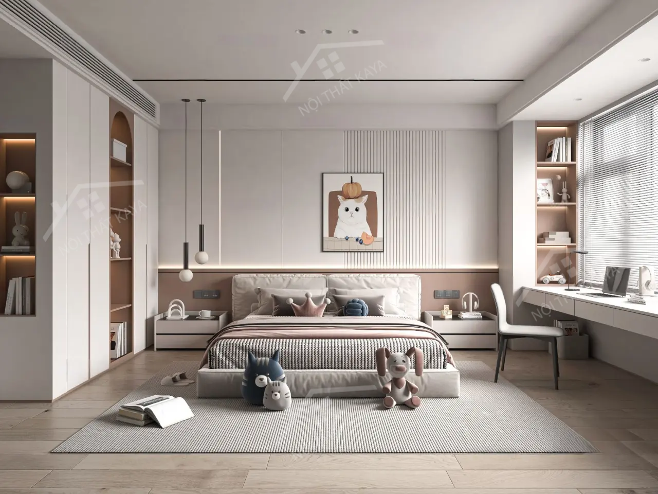 Bộ nội thất phòng ngủ HDF PN007 (Giường - Bàn làm việc - Tủ đầu giường - Bàn trang điểm)
