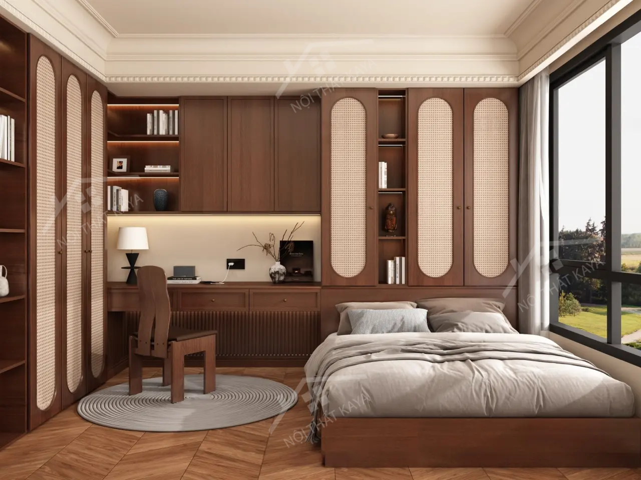 Bộ nội thất phòng ngủ HDF PN007 (Giường - Bàn làm việc - Tủ đầu giường - Bàn trang điểm)