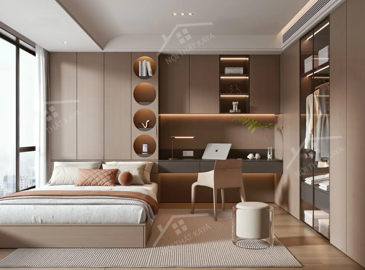 Bộ nội thất phòng ngủ HDF PN007 (Giường - Bàn làm việc - Tủ đầu giường - Bàn trang điểm)