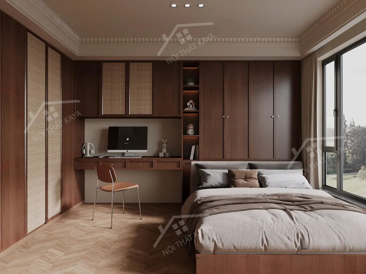Bộ nội thất phòng ngủ HDF PN007 (Giường - Bàn làm việc - Tủ đầu giường - Bàn trang điểm)
