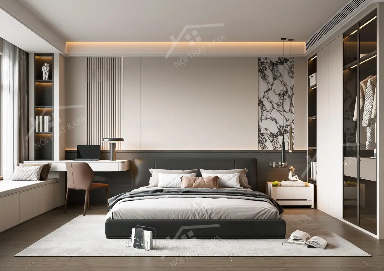 Bộ nội thất phòng ngủ HDF PN007 (Giường - Bàn làm việc - Tủ đầu giường - Bàn trang điểm)