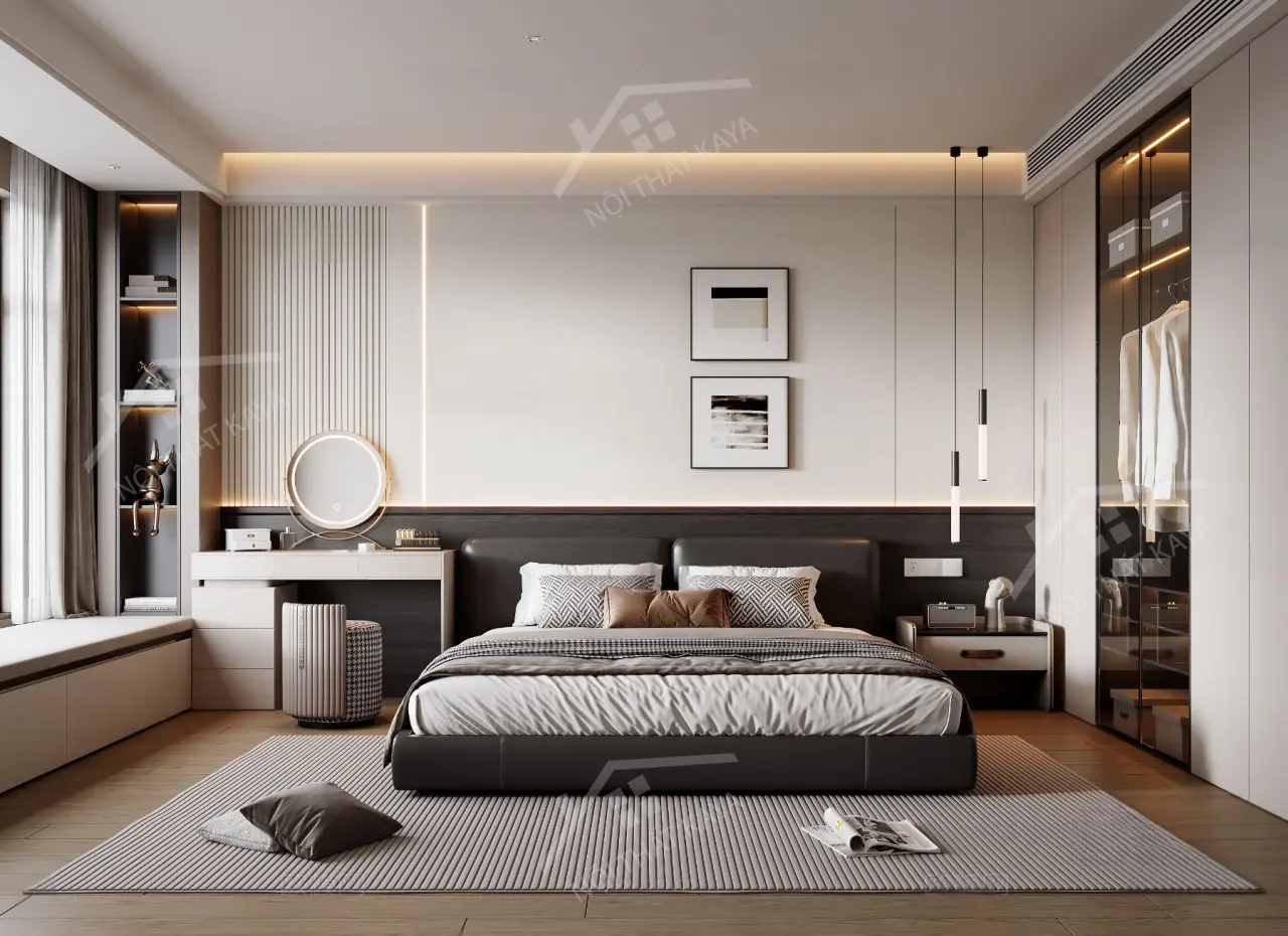 Bộ nội thất phòng ngủ HDF PN007 (Giường - Bàn làm việc - Tủ đầu giường - Bàn trang điểm)