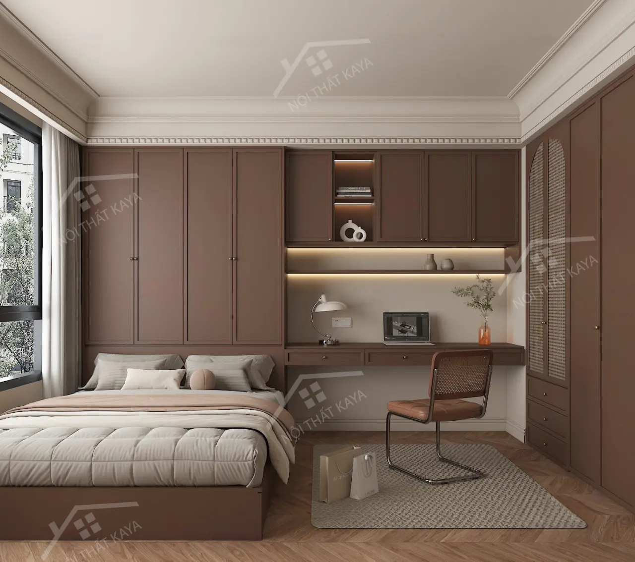 Bộ nội thất phòng ngủ HDF PN007 (Giường - Bàn làm việc - Tủ đầu giường - Bàn trang điểm)