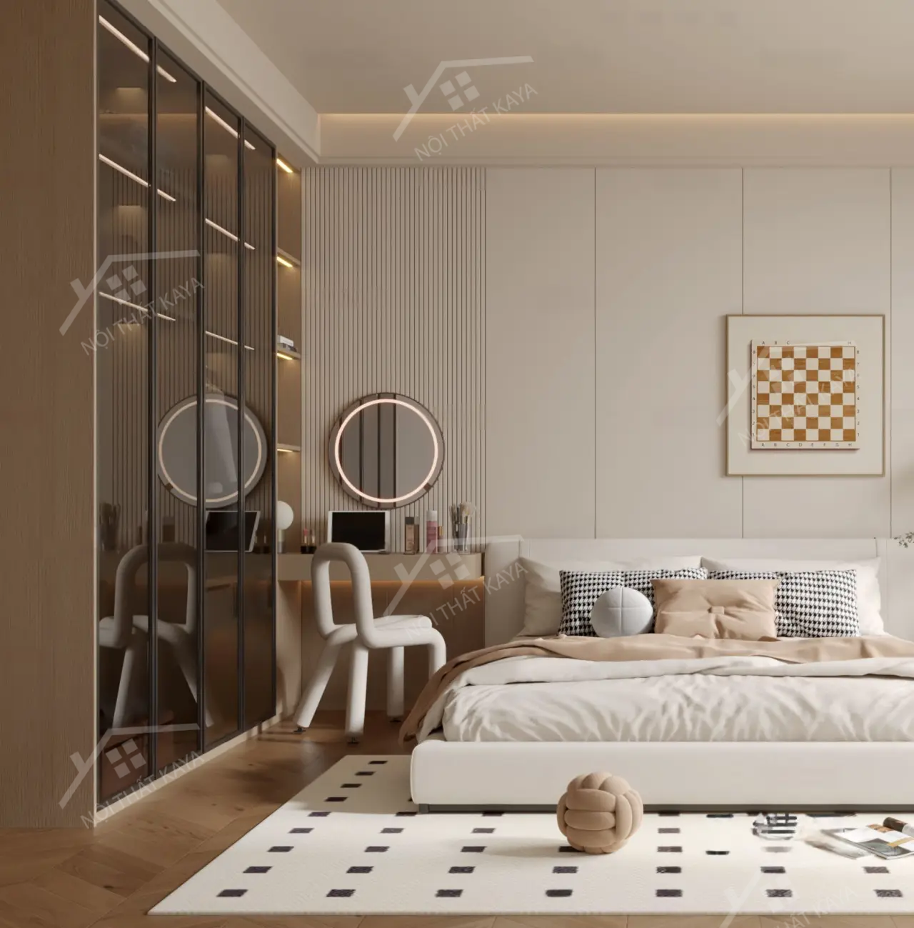 Bộ nội thất phòng ngủ HDF PN007 (Giường - Bàn làm việc - Tủ đầu giường - Bàn trang điểm)
