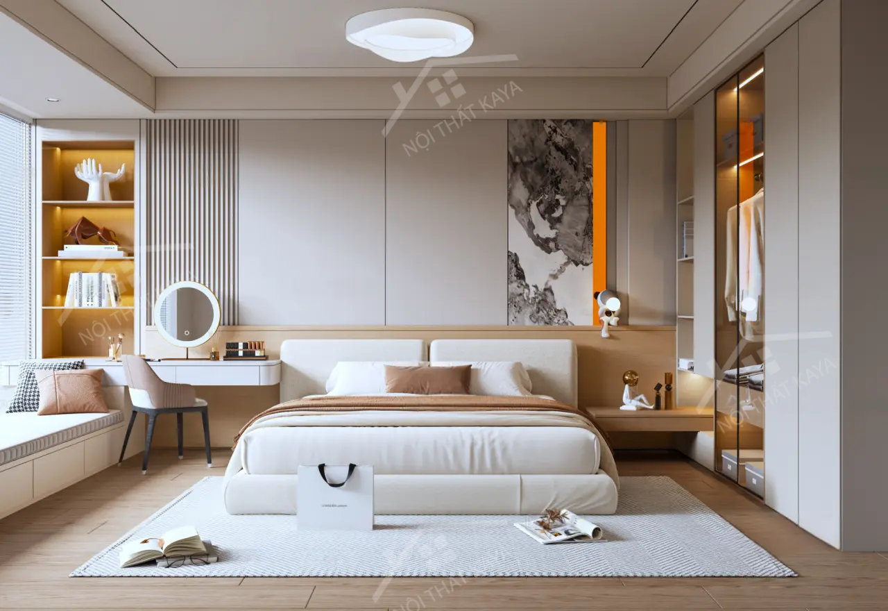 Bộ nội thất phòng ngủ HDF PN007 (Giường - Bàn làm việc - Tủ đầu giường - Bàn trang điểm)