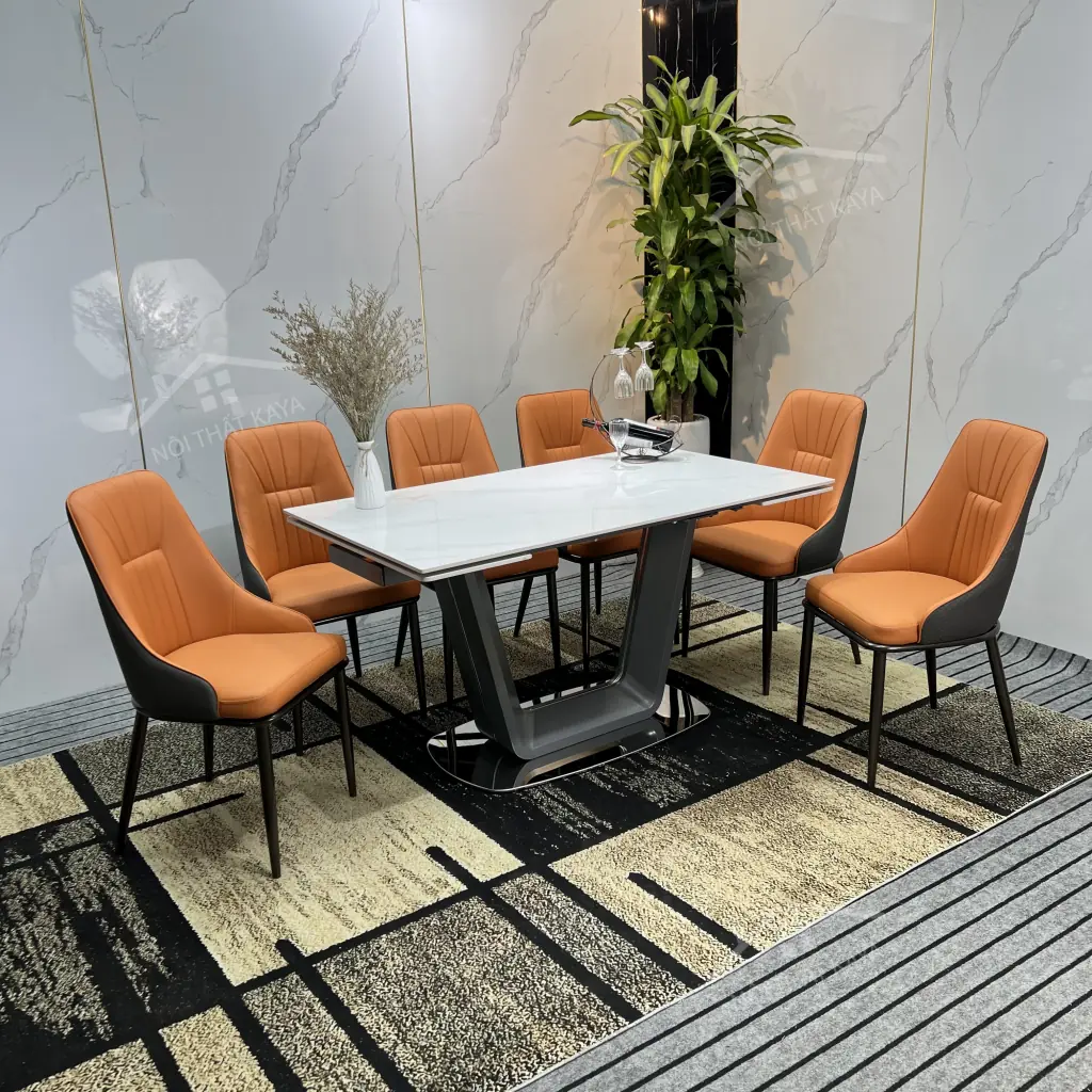 Bộ Bàn Ăn Mặt Đá Thông Minh Kéo Dài U - 6 Ghế ALICE KY-GH39