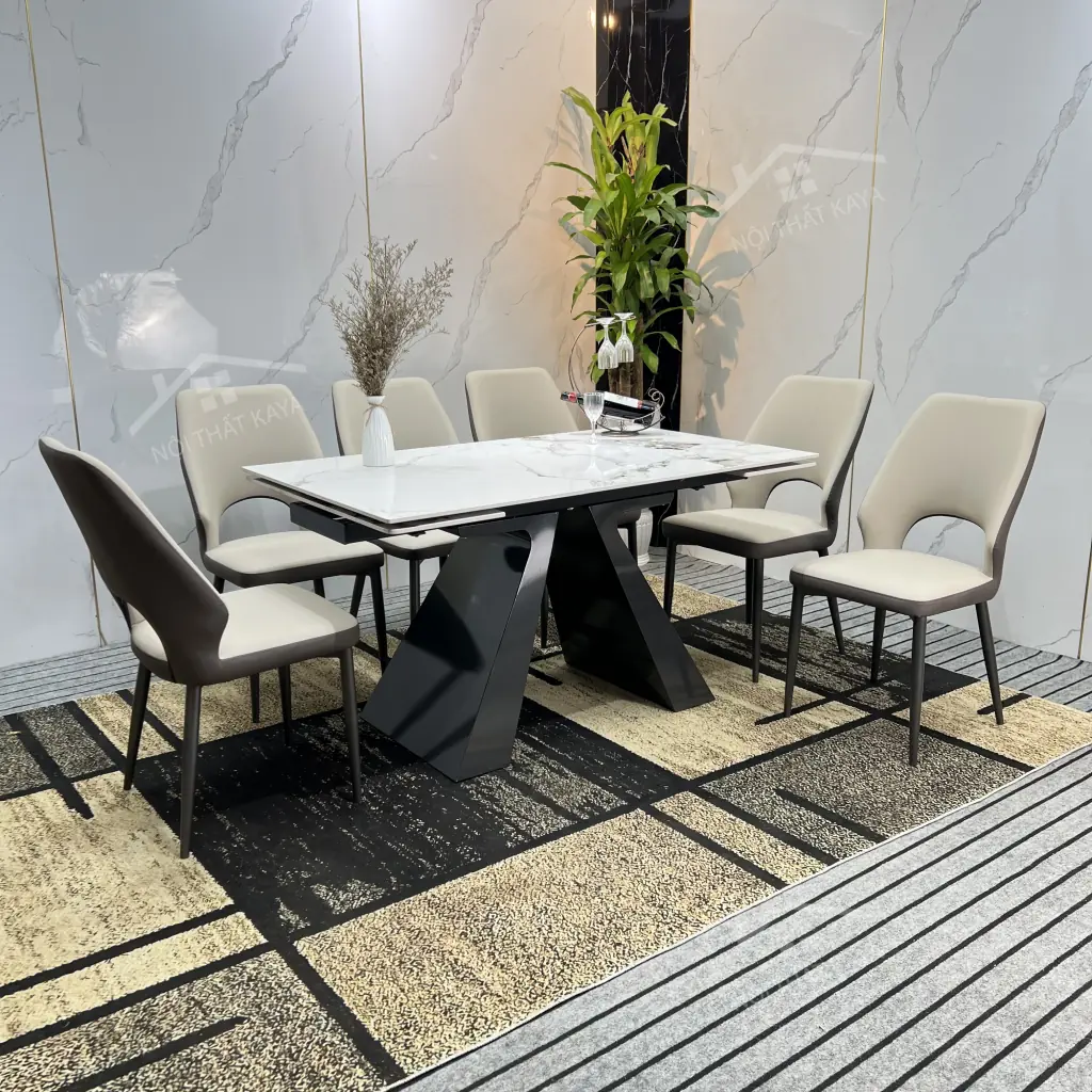 Bộ Bàn Ăn Mặt Đá Thông Minh KY-GH43 Kéo Dài Chân A – 6 Ghế JOYCE